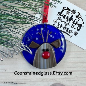 Red Nosed Reindeer Christmas Ornament, Fused Glass Woodland Animal, Holiday Decor, Tree Decoration, Glass Ornament, Christmas Decor, Gift