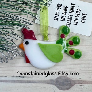 Chicken Ornament with a Card, Fused Glass Lime Green and White Chicken Decoration, Farmhouse Decor, Farm Animal, Crazy Chicken Lady, Gifts