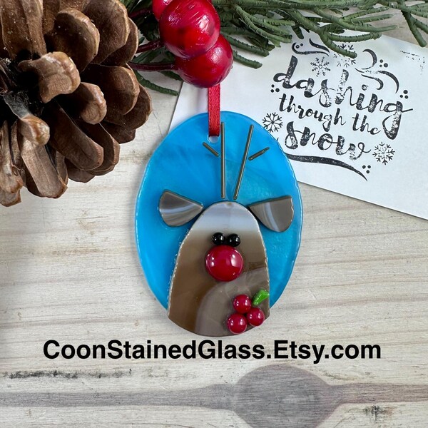 Red Nosed Reindeer Christmas Ornament, Fused Glass Deer Ornament, Woodland Animal, Animal Lover Gift, Glass Ornament, Holiday Decor, Gift