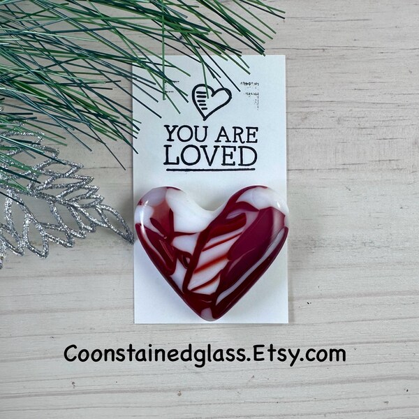Fused Glass Red and White Heart Pocket Hug, Heart Pocket Charm, You Are Loved Card, Valentines Gift For Her, Palm Stone, Handmade Gift