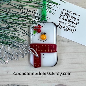 Fused Glass Snowman Ornament with a Red and Gold Scarf, Christmas Tree Decoration, Glass Ornament, Holiday Decor, Handmade Gifts, Tree Decor