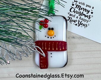 Fused Glass Snowman Ornament with a Red and Gold Scarf, Christmas Tree Decoration, Glass Ornament, Holiday Decor, Handmade Gifts, Tree Decor