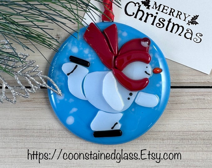 Ice Skating Snowman Christmas Ornament, Fused Glass Snowman Ornament
