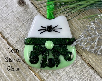 Glass Ornament Cat Gifts Chubby White Cat with a Flower Kitty Ornament Pet Ornament Fused Glass Ornament Spring Decor