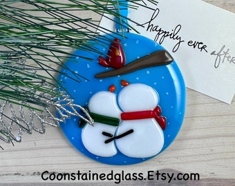 Happily Ever After Snowman Couple Christmas Ornament, Fused Glass Snowman Ornament, Holiday Decor, Glass Ornament, Christmas Decor,