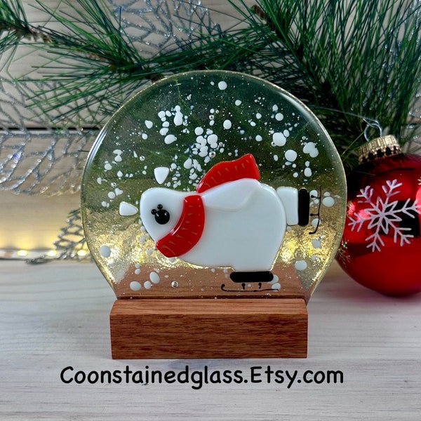 Fused Glass Ice Skating Polar Bear Snow Globe, Christmas Decor, White Bear, Table Top Decor, Tea Light Candle, Christmas Bear, Winter Decor