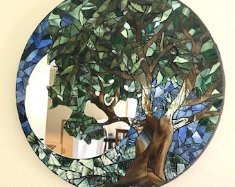 Mosaic Mirror, Mosaic Tree, Stained Glass Tree, Round Mosaic Mirror, Broken Glass Mosaic, Wall Hanging, Tree Home Decor, Mosaic Art Glass
