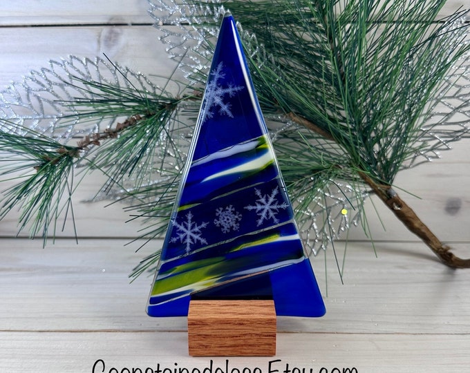 Fused Glass Blue and Yellow Christmas Tree Decoration With Snowflakes ...