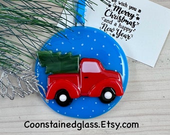 Red Truck with a Tree Christmas Ornament, Fused Glass Truck Ornament, Glass Ornament, Christmas Tree, Man Cave Gift, Holiday Decor, Handmade