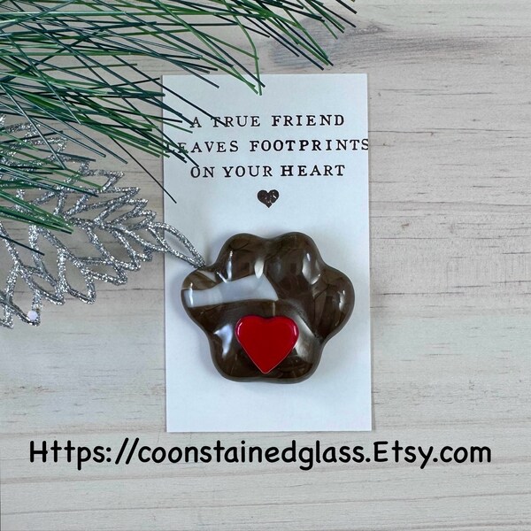 Small Paw Print Charm with a Red Heart, Fused Glass Paw Print Magnet, Pet Memorial Gift, Animal Lover Gift, Dog Paw Print, Cat Paw Print