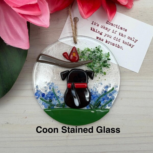 Fused Glass Black Dog and Red Bird Ornament - Blue Flowers