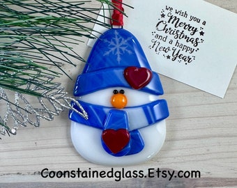 Chubby Snowman Christmas Ornament, Fused Glass Blue Snowman Ornament, Glass Ornament, Christmas Tree Ornament, Holiday Decor, Handmade