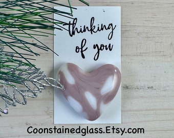 Fused Glass Purple and White Heart Charm, Pocket Hug with a Thinking of You Card, Palm Stone, Refrigerator Magnet, Handmade Gift for Her