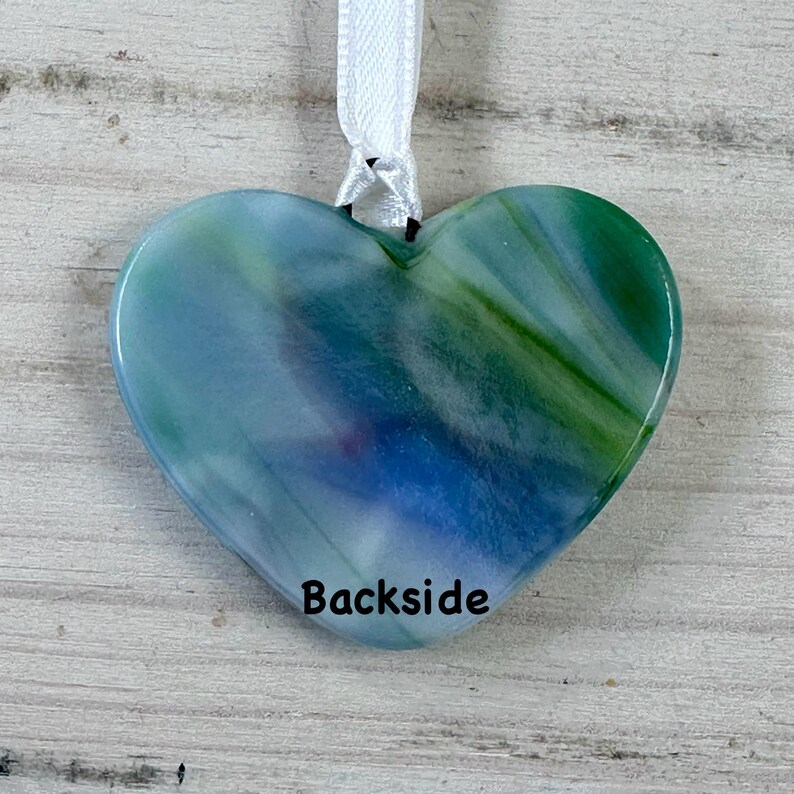 Blue Pink and Green Small Heart Ornament With a Card, Fused Glass