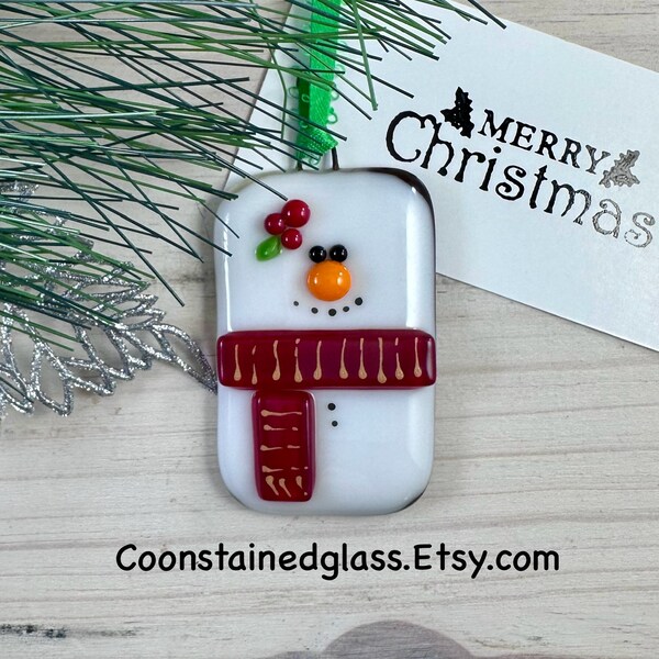 Snowman Ornament with a Red and Gold Scarf, Fused Glass Snowman Ornament, Holiday Decor, Christmas Tree Decoration, Glass Ornament, Handmade