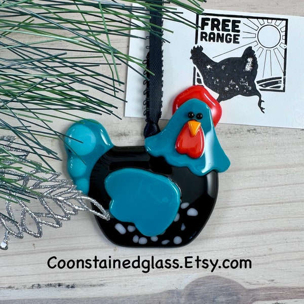 Fused Glass Black and Teal Chicken Ornament, Glass Ornament, Crazy Chicken Lady Gift, Farmhouse Decor, Farm Animal, Hen Decoration, Handmade