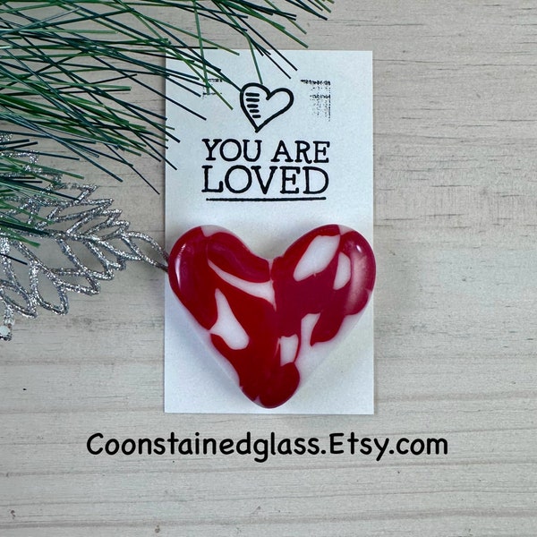 Fused Glass Red and White Heart Pocket Hug with a You Are Loved Card, Valentines Gift for Her, Refrigerator Magnet, Heart Cabochon, Handmade