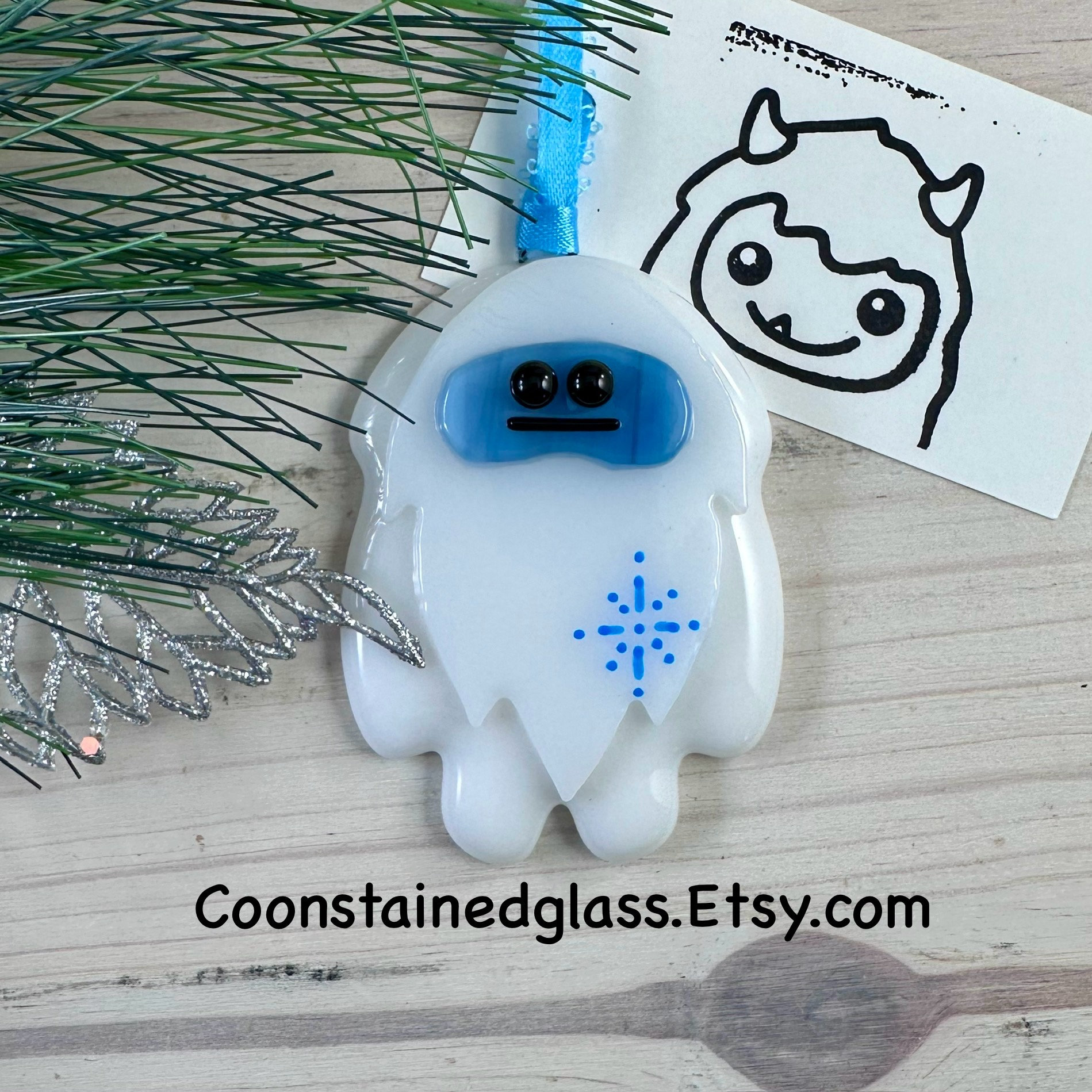 Yeti Christmas Ornament With a Blue Snowflake, Fused Glass