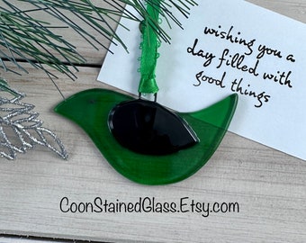 Green Bird Suncatcher with a Card, Fused Glass Green Bird Ornament, Glass Ornament, Christmas Tree Decoration, Thinking of You Gift