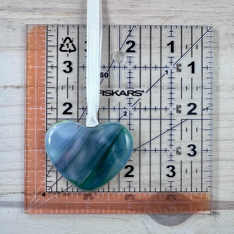 Blue Pink and Green Small Heart Ornament With a Card, Fused Glass
