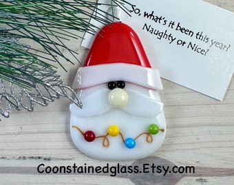 Santa Claus Ornament with Christmas Lights, Fused Glass Santa Ornament, Holiday Decor, Christmas Tree Decoration, Glass Ornament, Handmade