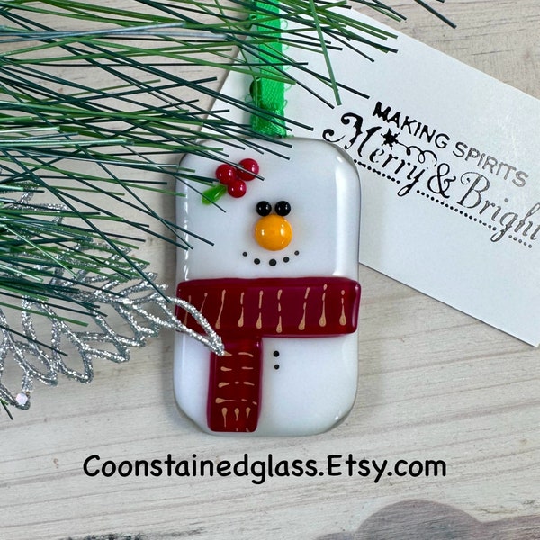 Fused Glass Snowman Ornament With a Red and Gold Scarf, Christmas Ornament, Holiday Decor, Glass Ornament, Tree Decoration, Handmade Gift