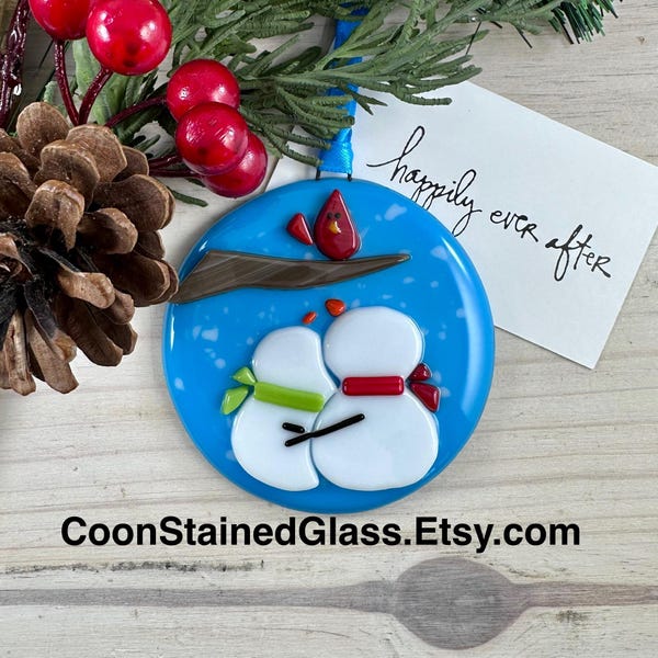 Happily Ever After Snowman Couple Ornament, Fused Glass Christmas Ornament, First Christmas, Love Gift for Her, Winter Wedding Gift