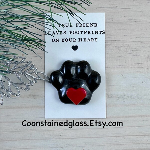 Fused Glass Black Paw Print Charm with a Red Heart and Card, Paw Print Magnet, Cat Paw Print, Dog Paw Print, Pet Memorial Gift, Glass Charm