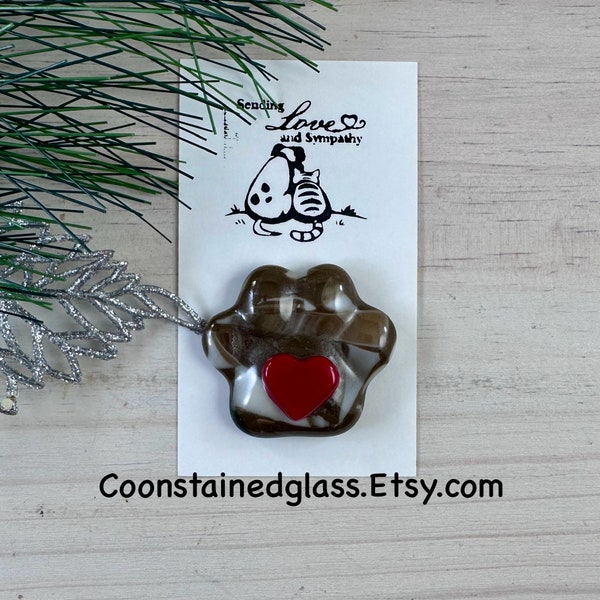 Fused Glass Paw Print Charm with a Red Heart and Card, Refrigerator Magnet, Pet Memorial Gift, Cat Paw, Dog Paw, Pocket Charm, Handmade Gift