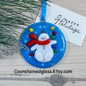 Swinging Snowman Christmas Ornament, Fused Glass Snowman Ornament, Glass Ornament, Christmas Lights, Christmas Tree Decoration, Holiday Gift