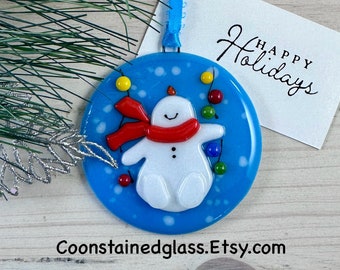 Swinging Snowman Christmas Ornament, Fused Glass Snowman Ornament, Glass Ornament, Christmas Lights, Christmas Tree Decoration, Holiday Gift