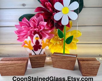 Présentoir pour pot de fleur en chêne : verre fusionné et support attrape-soleil
