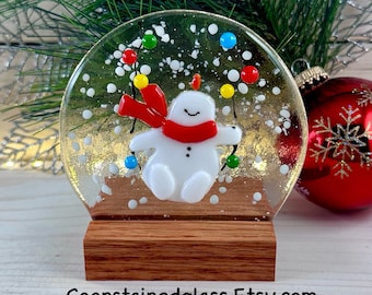 Fused Glass Swinging Snowman Snow Globe, Table Top Decoration, Winter Decor, Window Decor, Christmas Decoration, Holiday Decor, Home Gifts