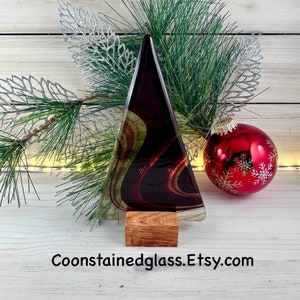 Fused Glass Red and Clear Christmas Tree Decoration, Table Top Decor, Christmas Village Trees, Home Decor, Mantel Art, Housewarming Gift