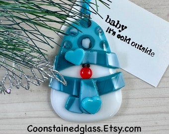 Chubby Snowman Christmas Ornament, Fused Glass Snowman Ornament, Christmas Tree Ornament, Glass Ornament, Holiday Decor, Handmade Gifts