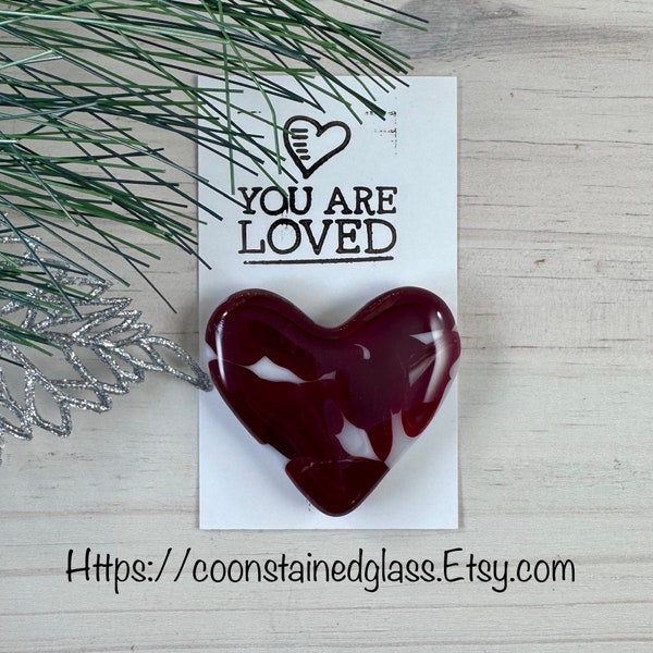 Fused Glass Red and White Heart Pocket Charm with a You Are Loved Card, Heart Refrigerator Magnet, Red Heart Charm, Heart Cabochon, Handmade