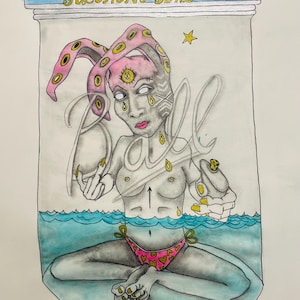 Op de afbeelding: Een handgetekend beeld van een persoon met een derde oog en een octopuskop, zittend in een pot gevuld met water. De pot heeft een label met de tekst "Salomons zegel".