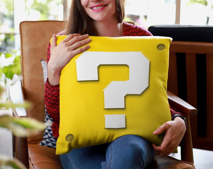 Video Game Pillow, Gamer Gift, Video Game Decor, Gaming Pillow, Retro Video Game Decor, Game Controller Pillow, Question Block