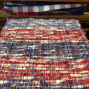 Handwoven Runner/Dresser Scarf made on 100 year old Loom, Scrappy Cotton, Patriotic, Americana, Hot Pad, Durable Reversible Washable