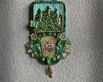 bead embroidery necklace/pendant - Camping