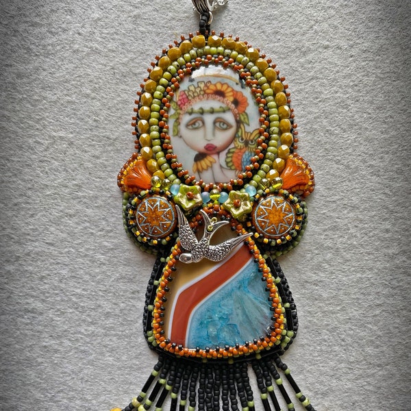 bead embroidery pendant/necklace - Painted Lady Girl with her owl