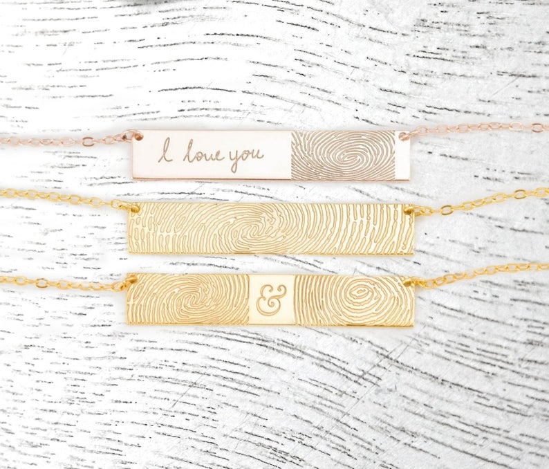 Rose Gold Handwriting Bar Necklace Actual Handwriting Bar Necklace Fingerprint Necklace Fingerprint Bar Necklace Fingerprint Heart Necklace