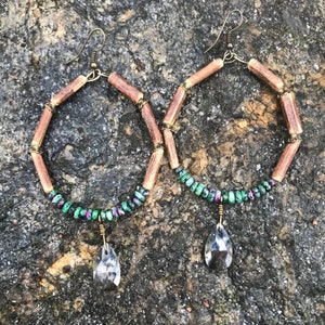 Vine / Ruby & Zoisite Hoops w/ Suncatcher (faceted glass tear-drop)