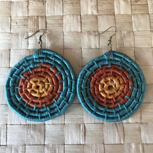Woven Cosmic Spiral Coil Earrings (turquoise and oranges)