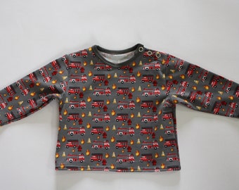 Baby shirt grijs met brandweerwagens, lange mouwen, jersey, katoen