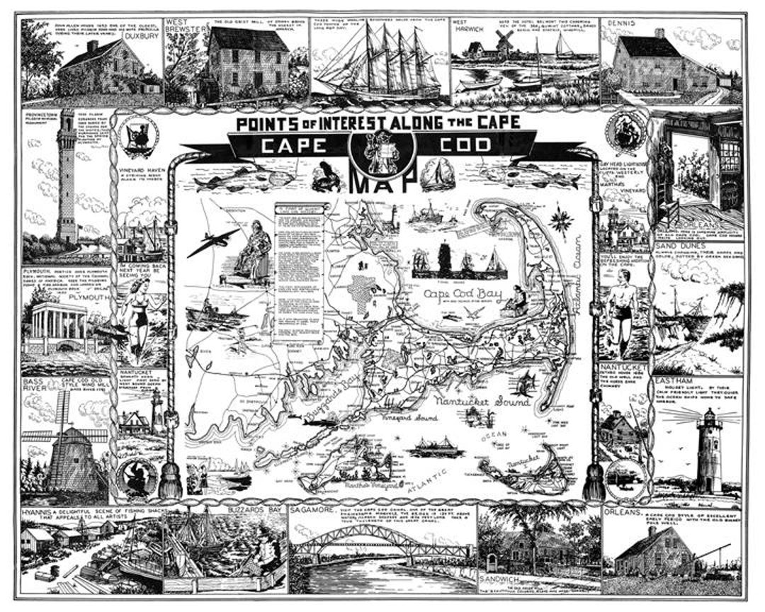 High Quality Print of a Vintage Cape Cod Map and Points of Etsy