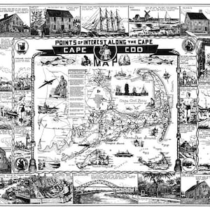 Hochwertiger Druck von einem Cape Cod-Landkarte und Sehenswürdigkeiten entlang der Cape ca.. 1950