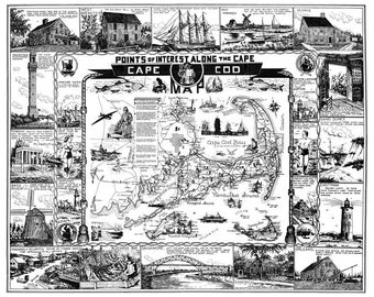 Haute qualité d’impression d’un cru carte de Cape Cod et points d’intérêt le long de la Cape vers. années 1950