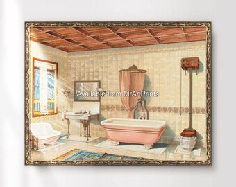 Victorian Bathroom Art Print, Vintage Bath Decor