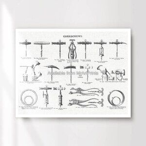 May include: A black and white illustration of various corkscrews. The image includes a variety of styles and designs, including a corkscrew with a buffalo horn handle, a corkscrew with a lever, and a corkscrew with a long, thin handle. The image also includes text that describes the different types of corkscrews.